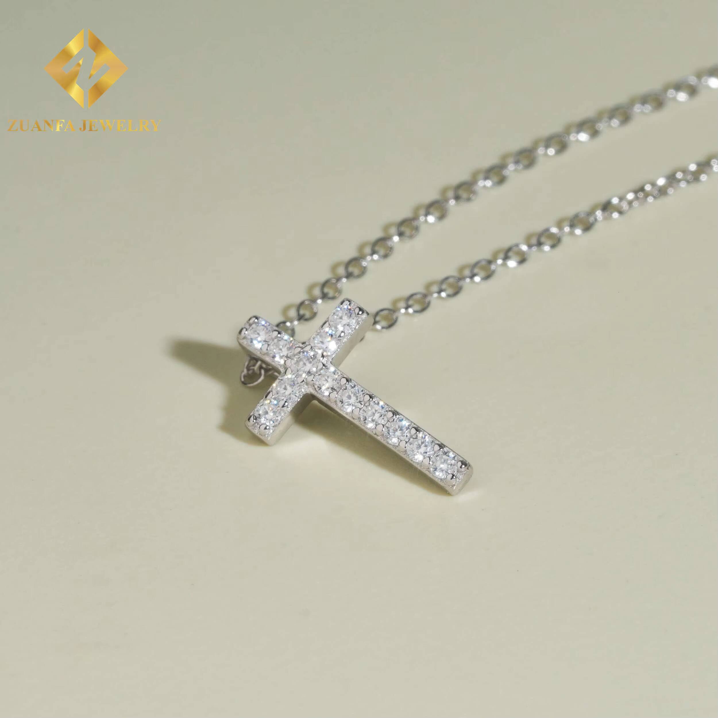 Iced Out Classic Round Cut Women Link Chain 925 Sterling Silver VVS Moissanite Diamond Women Jewelry Cross Pendant Necklace