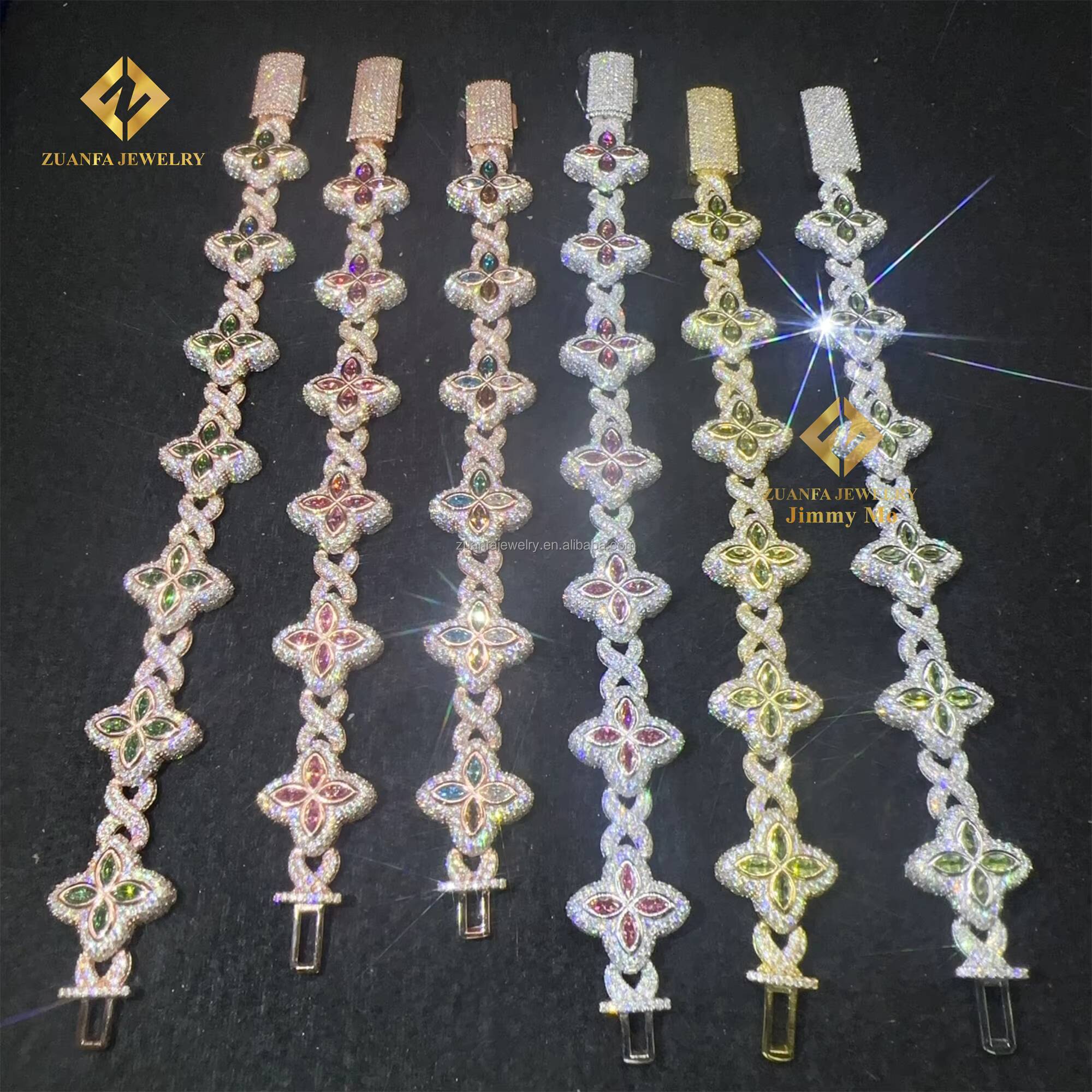 Fashion Jewelry New Arrivals Iced Out Hip Hop Jewelry S925 Silver Moissanite Diamond Four Cleef Clover Cuban Bracelet Men