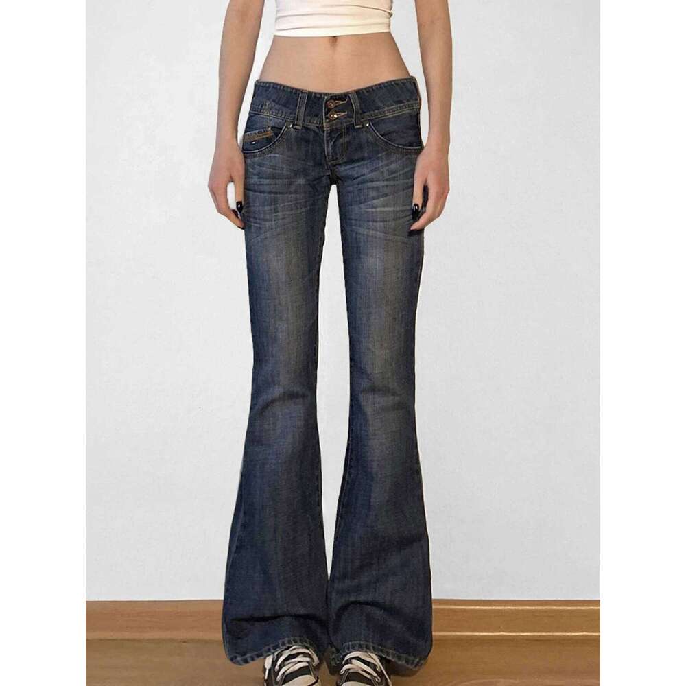 Weekeep Vintage y2k Flared Retro Button-up Low Rise Casual Denim Pants Haruku 2000s Trousers Basic Aesthetic Mom Jeans