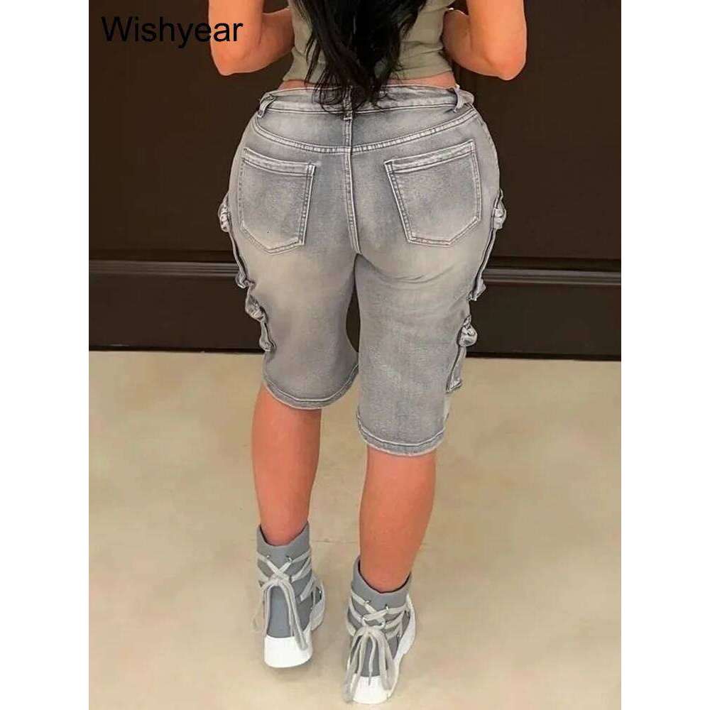 Fashion Washed Blue Denim Wide Leg Pants Women Casual Multi-pocket Loose Streewwear Boyfriend Short Mid Jeans Bottoms Clubwear