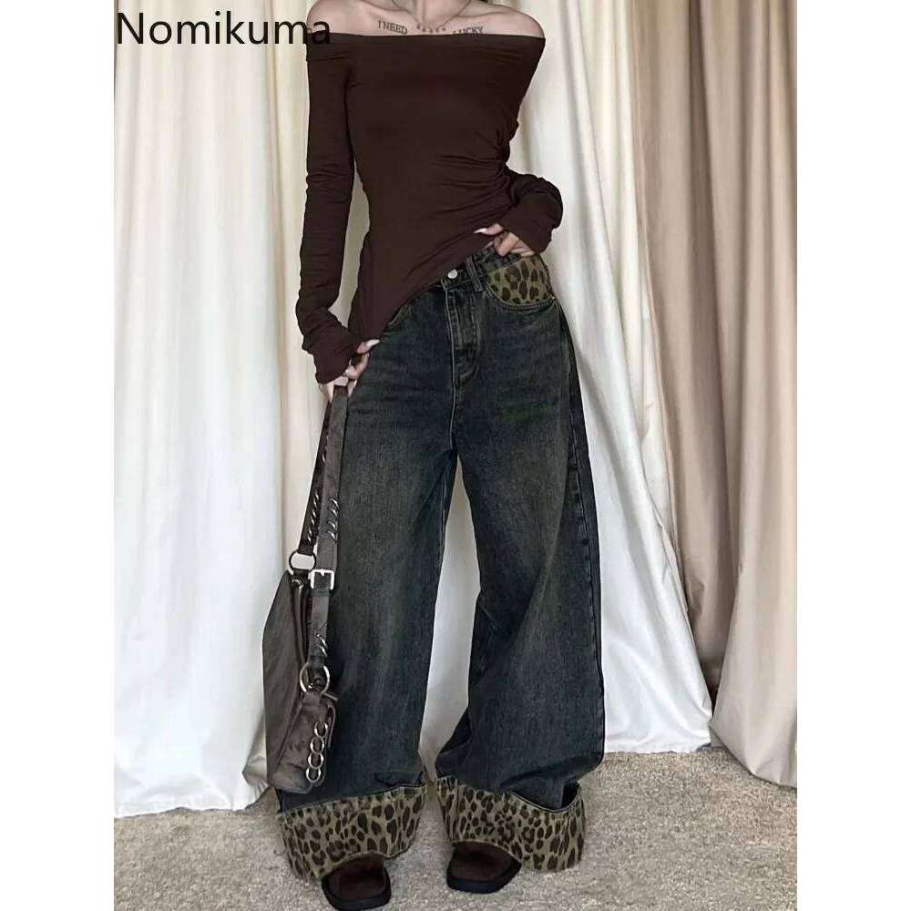 Retro Leopard Print Y2k Jeans for Women Haruku Wide Leg Pants 2025 New Bottoms Denim Casual Straight Fashion Trousers
