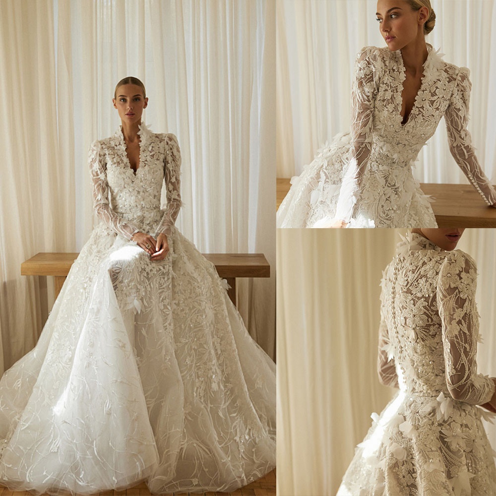 Luxury A Line Women Wedding Dress V Neck Long Sleeves Bridal Gowns Appliques Sequins Lace Detachable Train Dress Customized vestidos de novia