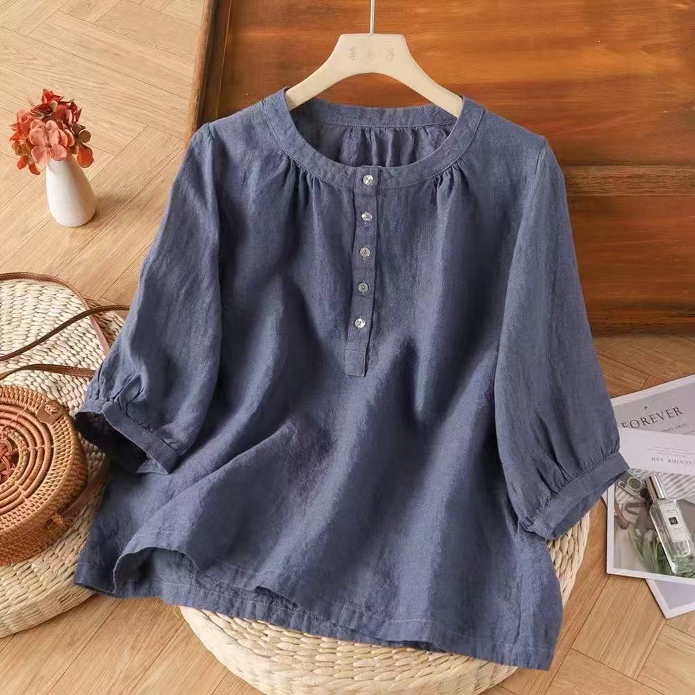 K2102 Retro cotton and linen shirt women's five-quarter sleeve spring and summer new pure cotton blouse loose belly-covering top mother's la