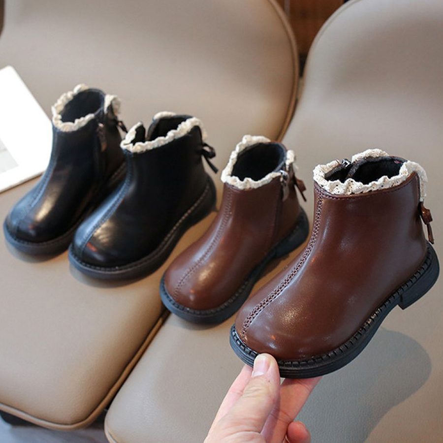 Girls Ankle Boots with Back Bow knot Kids Short Boots Soft Sole 2025 New Kidsnest Girl Princess Leather Boots with Side Zip Sizes US 5C-4Y