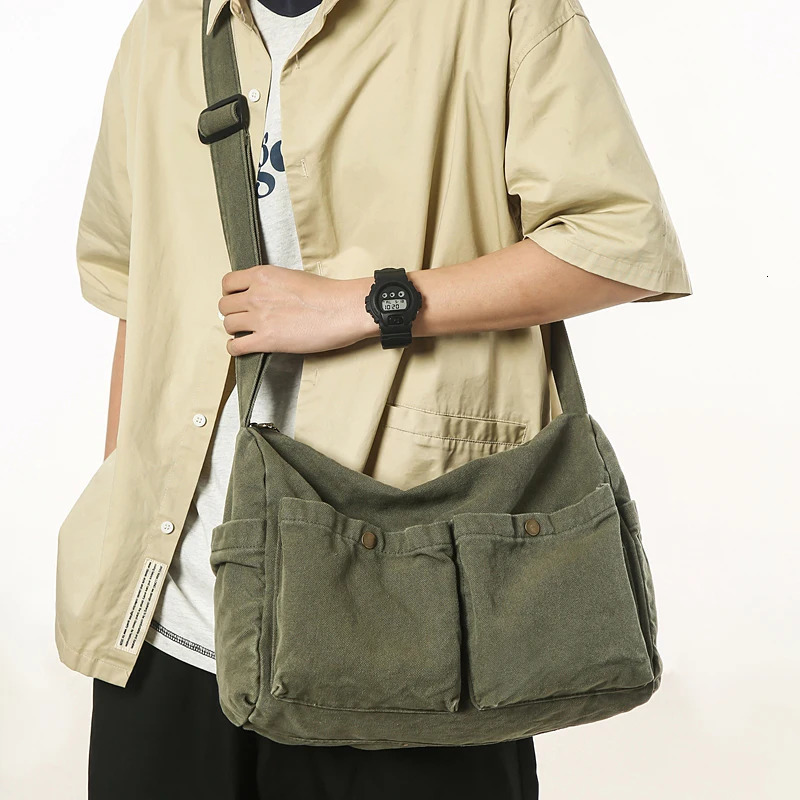 Vintage Style Canvas Messenger Bag Casual Travel Crossbody Bag Retro Large Capacity Shoulder Bag Multi Pocket Shoulder Bag 250809