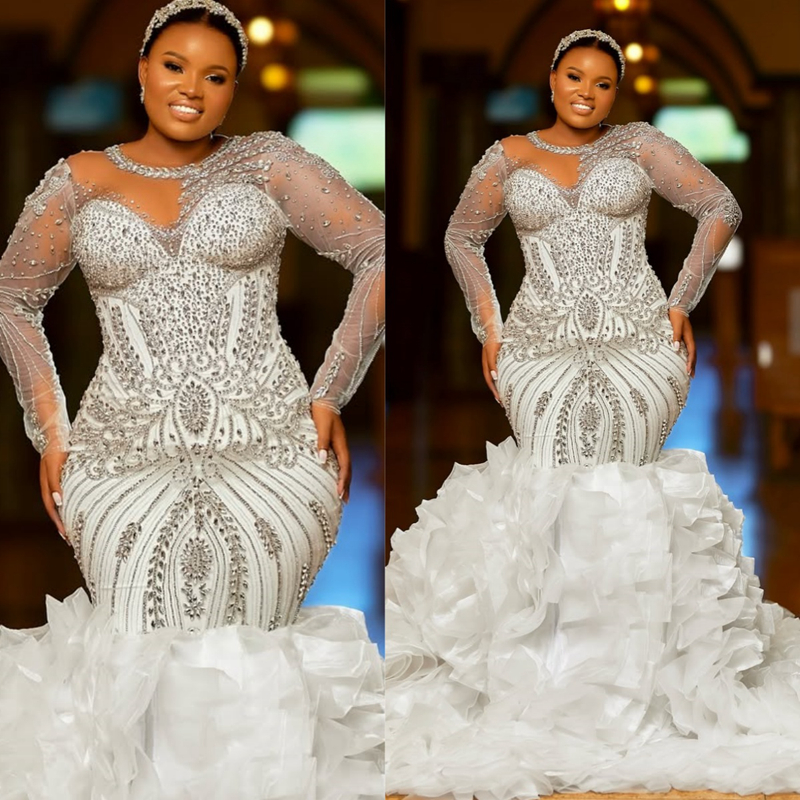Arabic Aso Ebi Plus Size Ivory Wedding Dress 2025 Appliques Beaded Crystals Pearls Tiers Luxurious Bridal Gowns Dresses Rhinestones Wedding Gowns D591