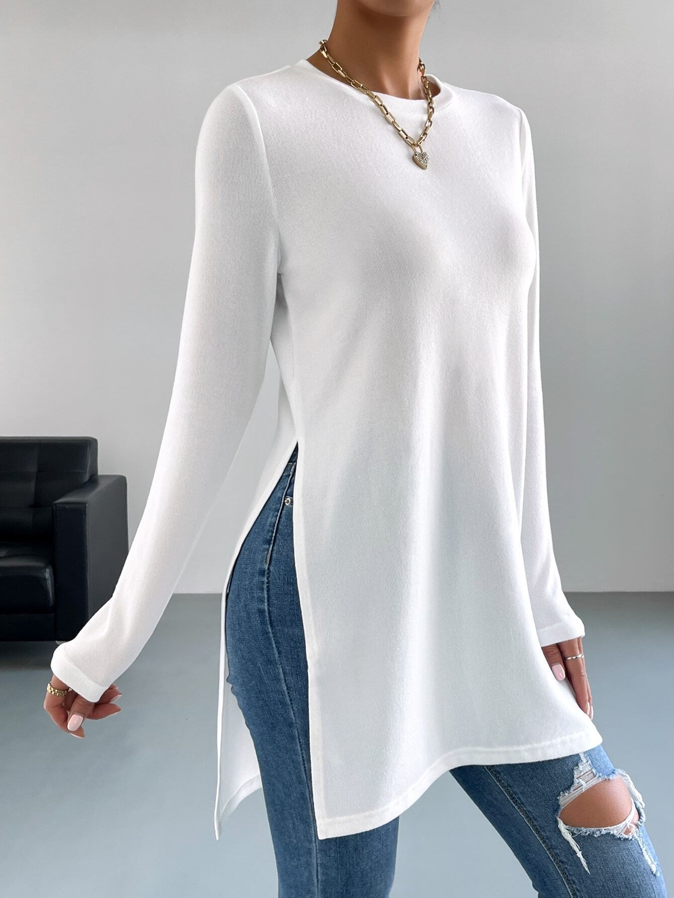 Women's Sleeve Top Solid Color Hem Split Long Version T-Shirt for Women