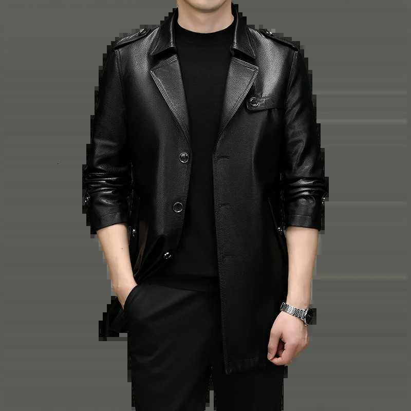 Autumn Leather Trench Coat Men Luxury Party Single Breasted PU Leather Coat Male Trendy Long Motorcycle Windproof Jacket W250815