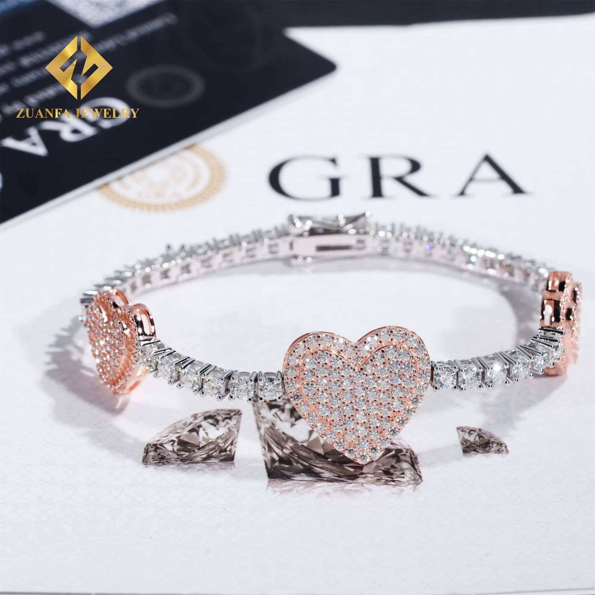 New Design 3mm Iced Out Hip Hop Jewelry S925 Silver Rose Gold Plated VVS1 Moissanite Diamond Heart Tennis Chain Bracelet