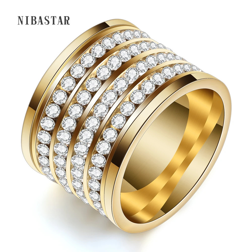 Shining Full 4 Row Crystal rhinestone jewelry accessories rings Gold Color Stainless Steel Couple Wedding rings for men and Wome 250811