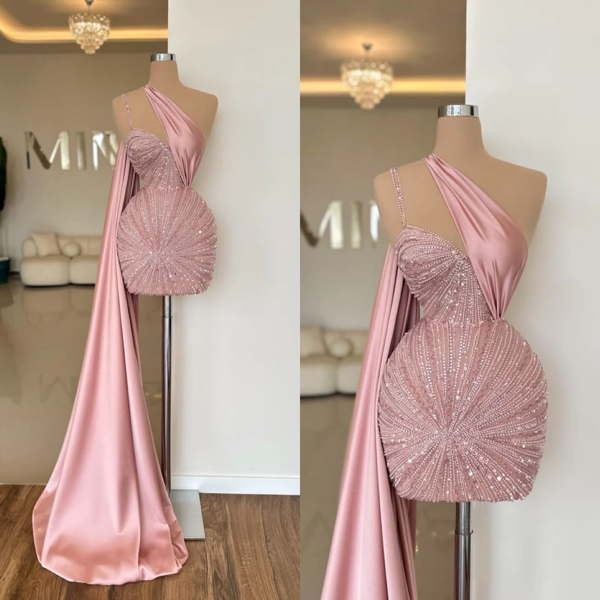 Fashion Mini Evening Dresses Sequins Lace Gown One Shoulder Long Sleeves Short Dress Evening Party Customized Dress