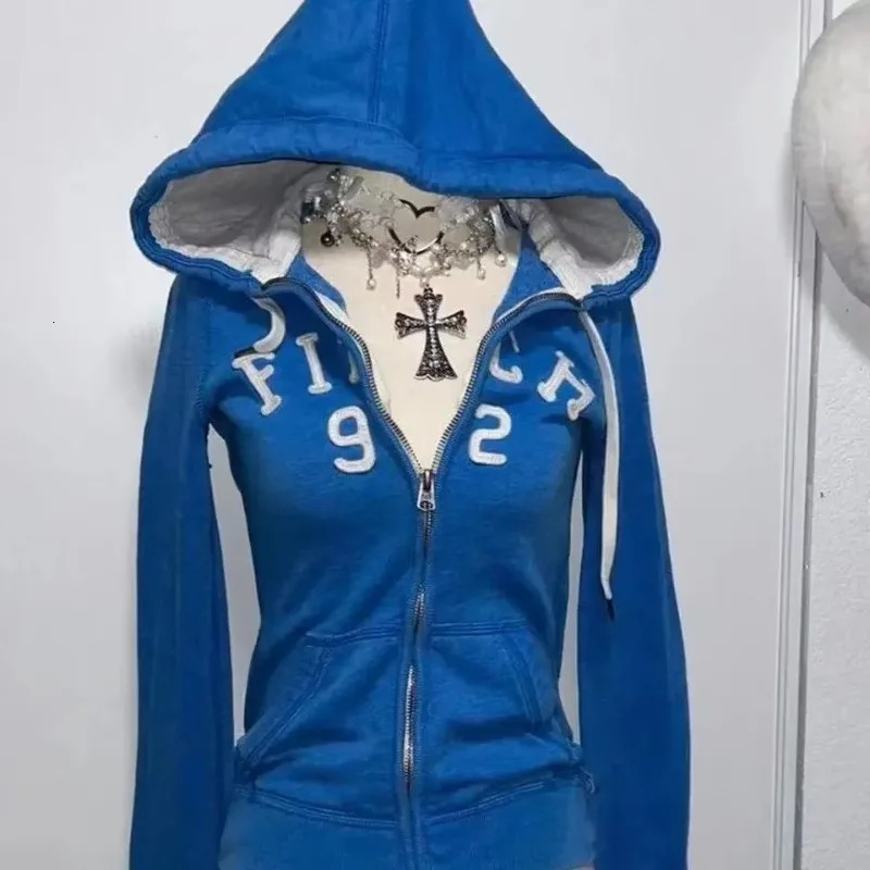 blue sweatshirt for women fall and winter gothic American retro casual bulk streetwear Y2K n Slim cardigan jacket 250814