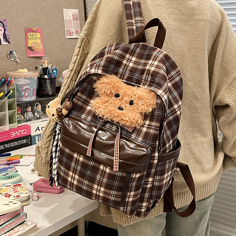 Autumn New Neutral Style Backpack Couple Bag New Checkered Backpack Cute Puppy Retro Style Casual Backpack Autumn New Designer Bag