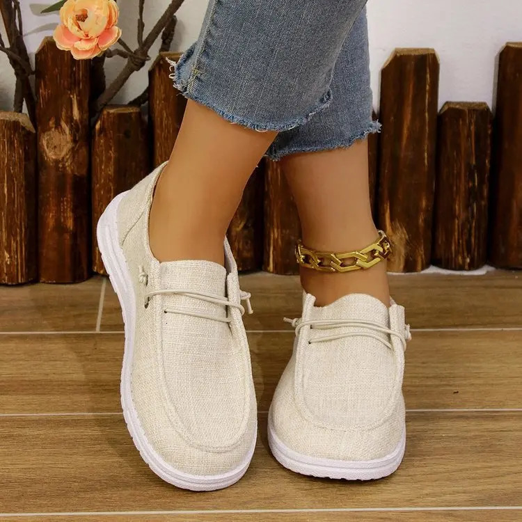 Plus Size 43 Womens Casual Flat Shoes Fashion Lace-up Round Toe Canvas Shoes Breathable Ladies Walking Sneakers Zapatos Mujer 250809