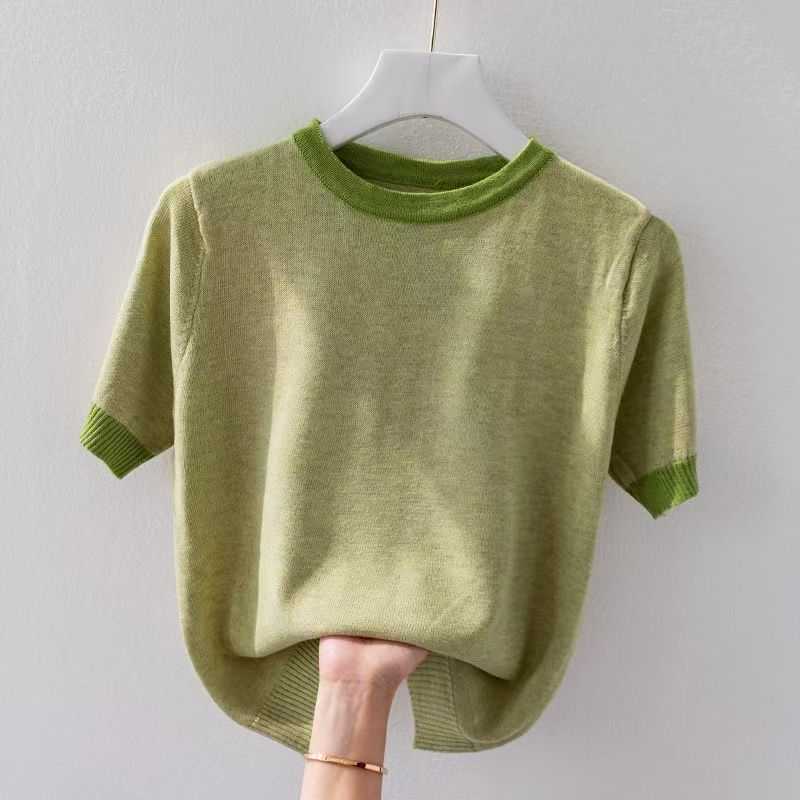K1655 2025 Summer New Ice Silk Short Sleeve Shirt Women's Contrast Color European Goods All-match Round Neck Loose Knitted Bottoming Shirt Top
