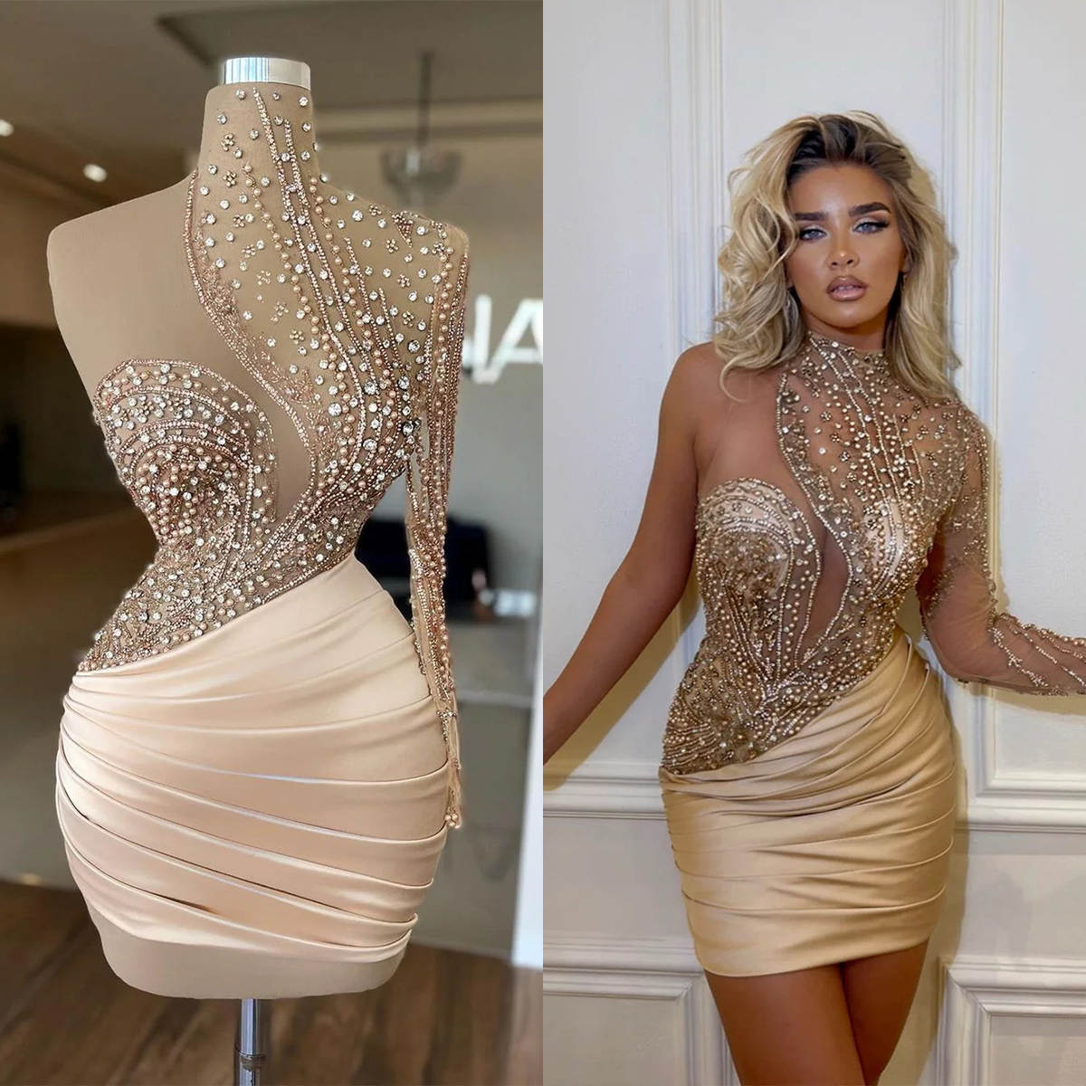 Stunning Short Evening Dresses Hign Neck One Shoulder Party Dresses Crystal Beading Vestido De Gala Customized