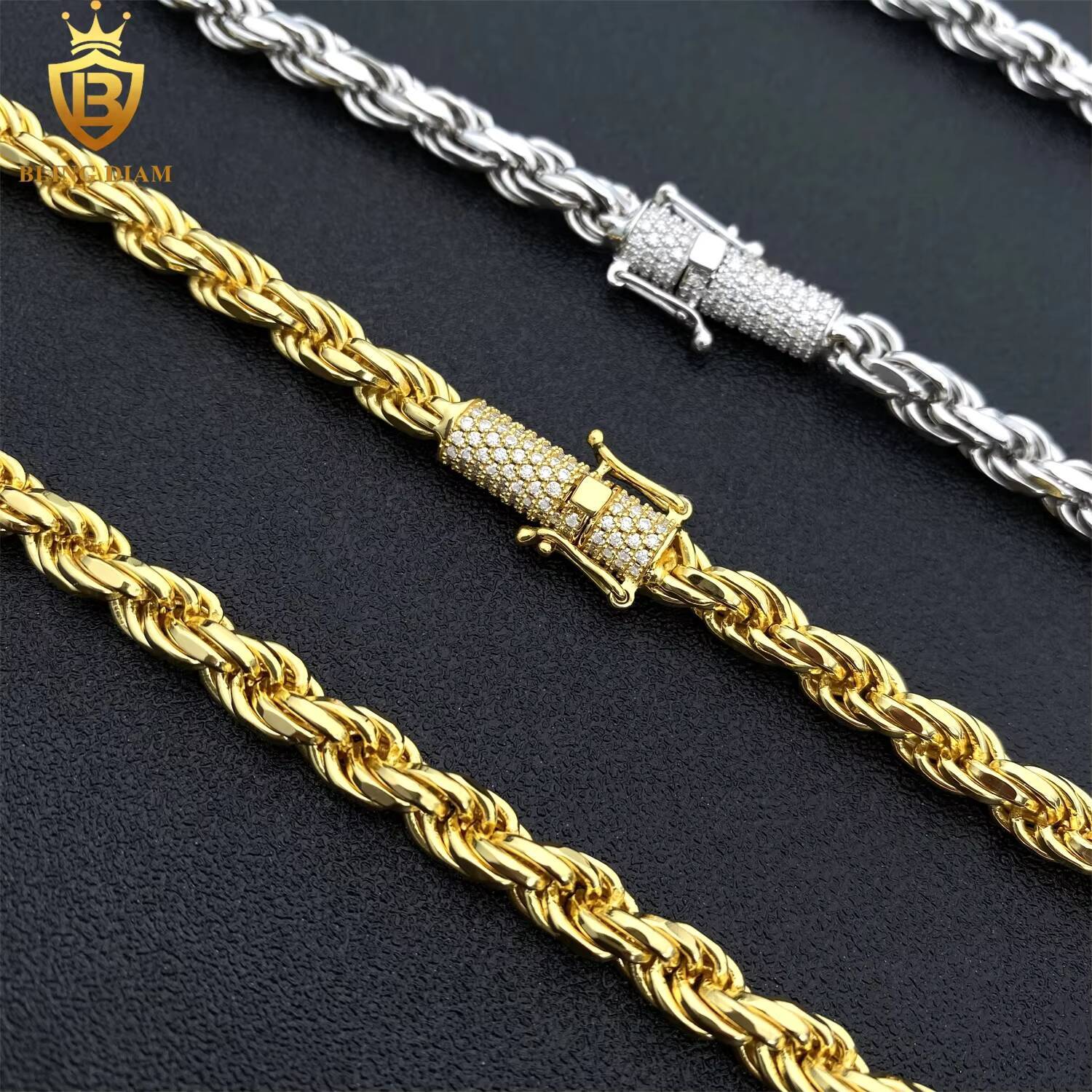 6mm Factory Low Price Hip Hop Jewelry 925 Silver Vvs Moissanite Rope Chain Stainless Steel Necklace
