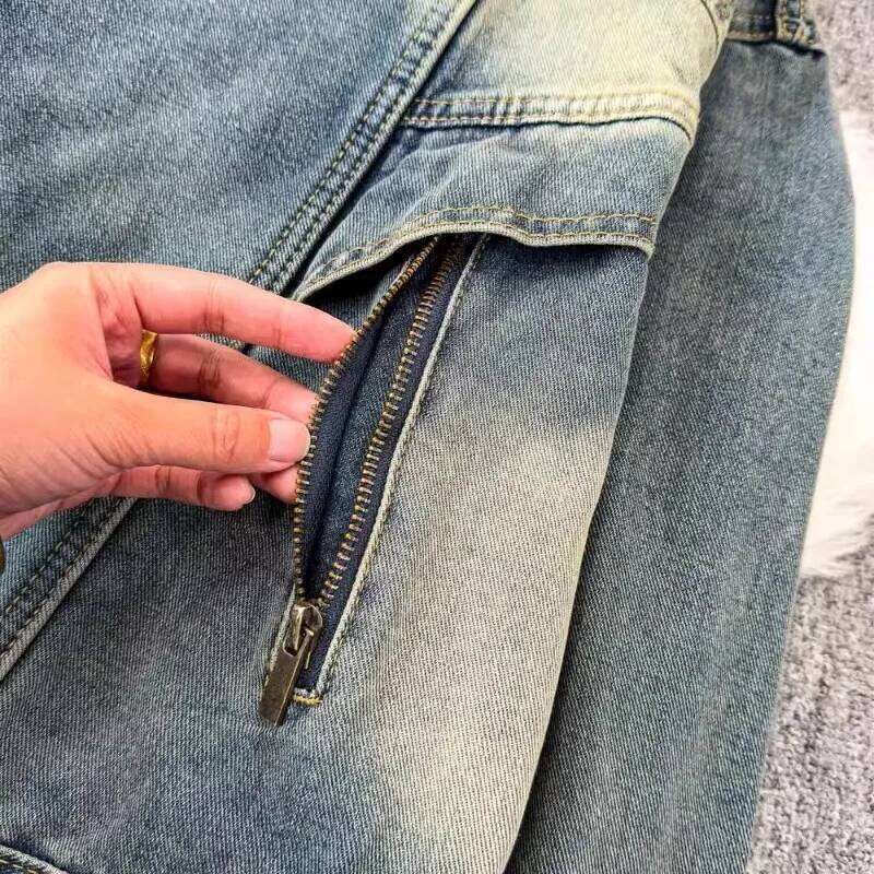 Women Denim Jacket 2025 New American Style Vintage Stand Collar Long Sleeve Button Zipper Splicing Light Blue Coat Female Trendy