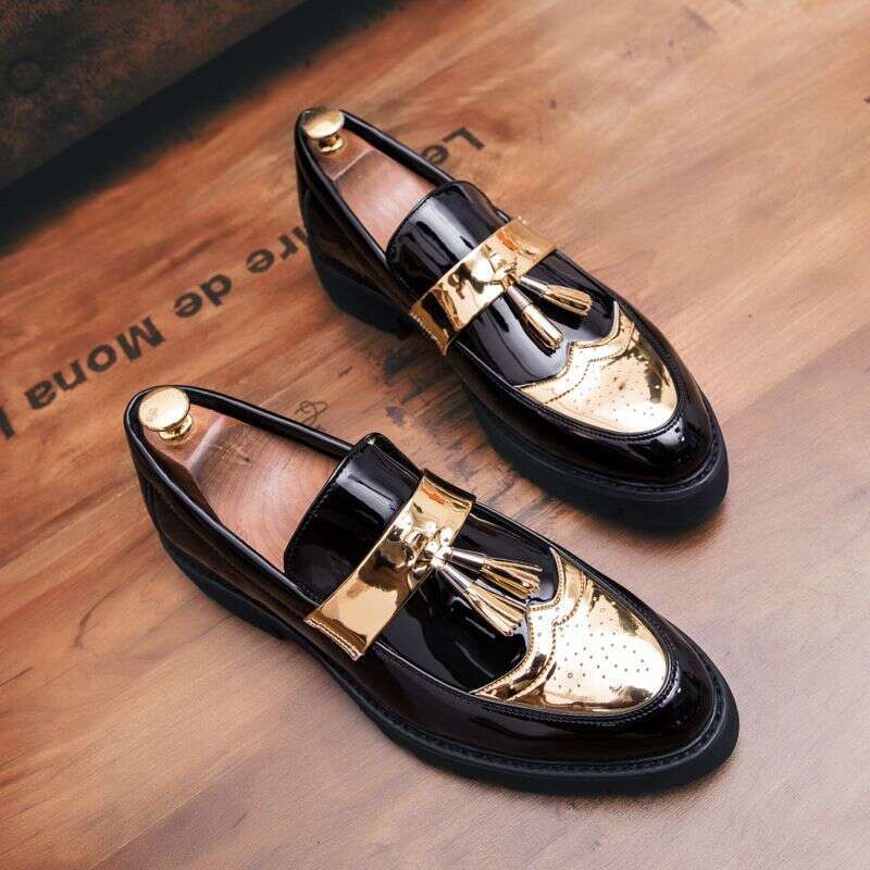 2025 Spring And Autumn Youth Slip-On Loafers Thick-Soled Height-Increasing Black Fashion Men's Casual Leather Shoes