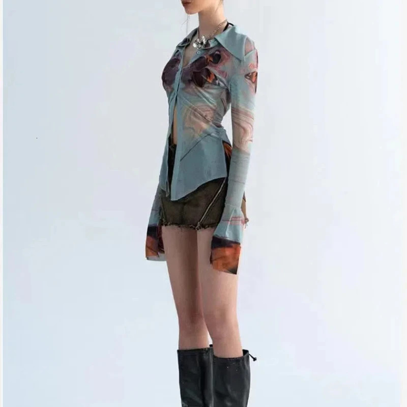 Japanese Summer Womens Lolita Patchwork Polo Shirts Button Printing Gauze Fashion Slim Elegant Long Sleeved Tops 250814