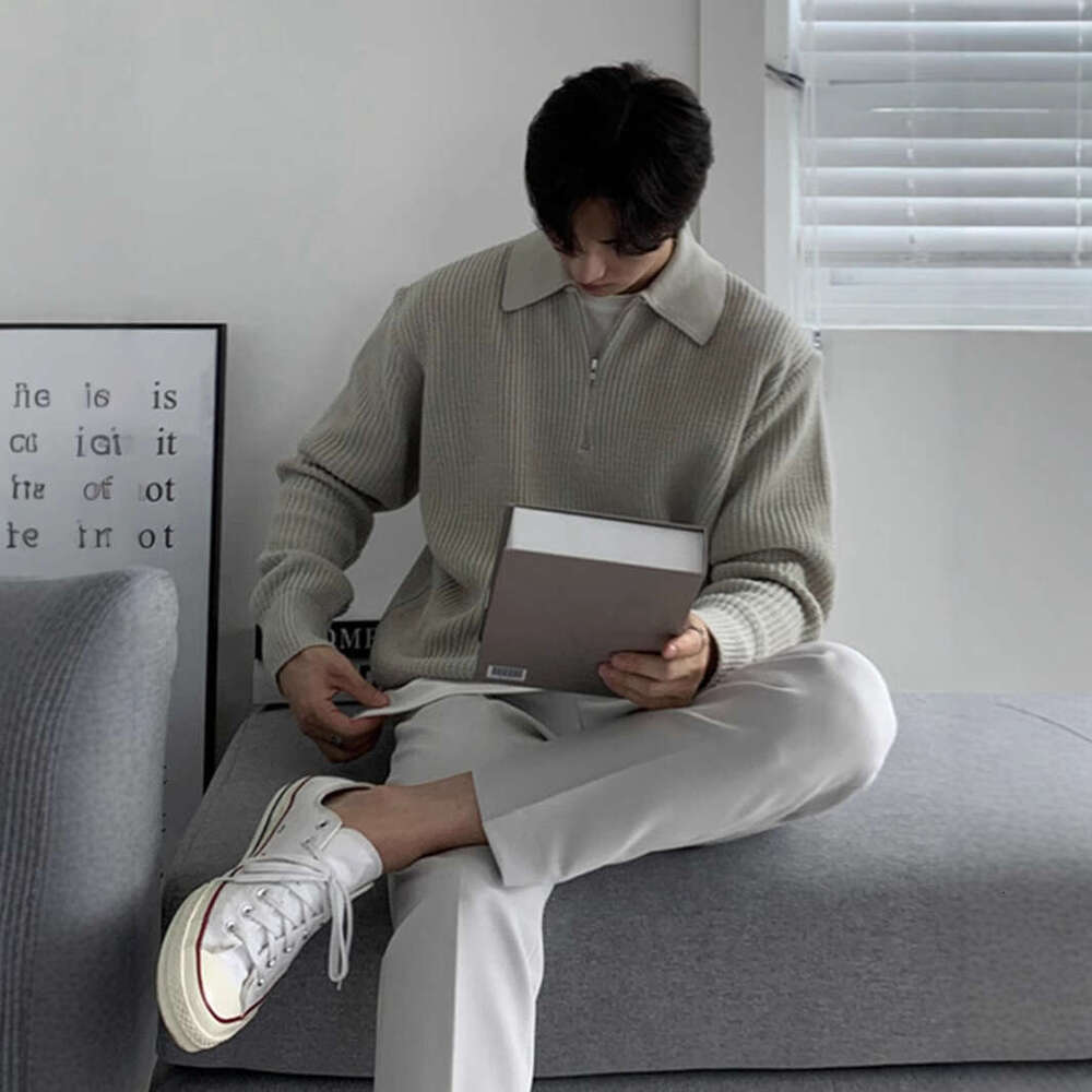 Half-Zip Sweater For Men, Autumn And Winter Korean Lazy Style, Turn-Down Collar Knitwear, Loose Casual Sweater, Trendy B5