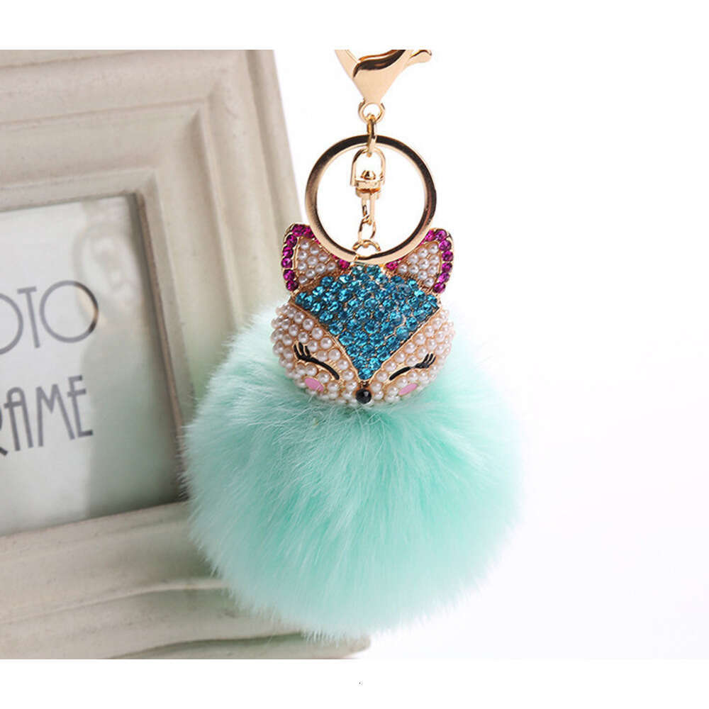 Creative Fox Head Pendant Keychain Extra Large Rabbit Fur Ball Plush Inlaid with Rhinestones for Phone and Bag