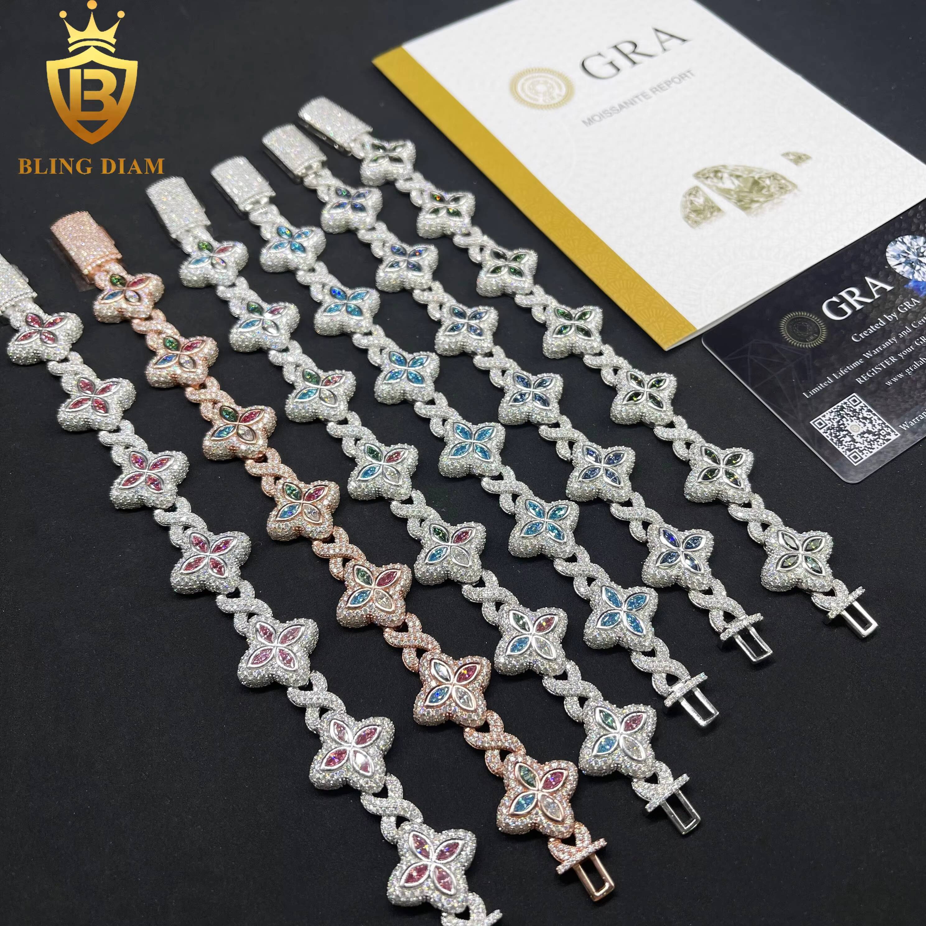 925 Sliver Jewelry 18mm Multiple Options Marquise 4 Leaf Cut Clover Flower Colorful Blue Moissanite Iced Out Bracelet