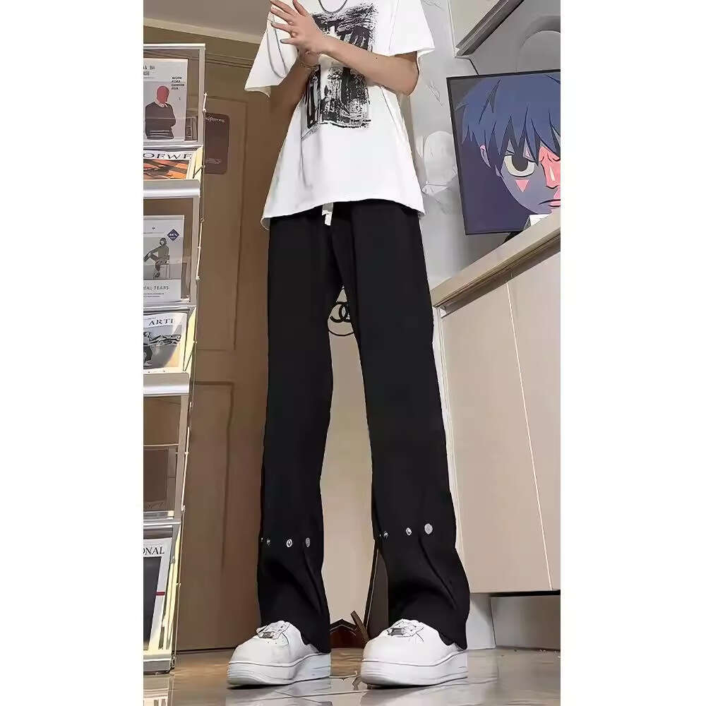 Black Ice Silk Trousers With Draped Effect, High-End Feel, Leg-Lengthening For Tall Men, Extended Slim-Fit Straight-Leg Flared Pants B5