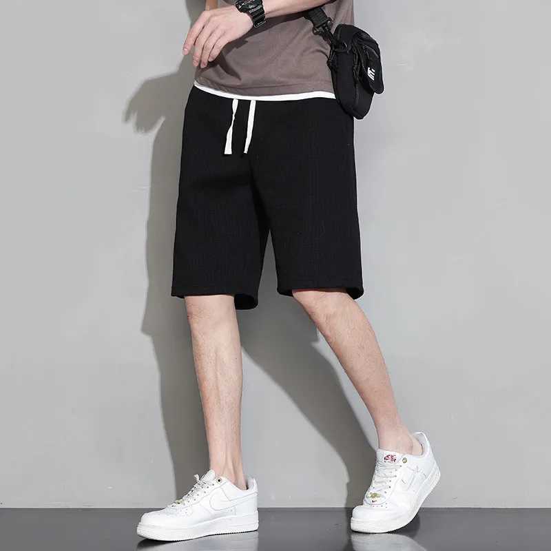 Men Shorts Solid Color Mid Waist Summer Shorts Waffle Texture Deep Crotch Drawstring Male Shorts Loose Knee Length Casual Short Y250814