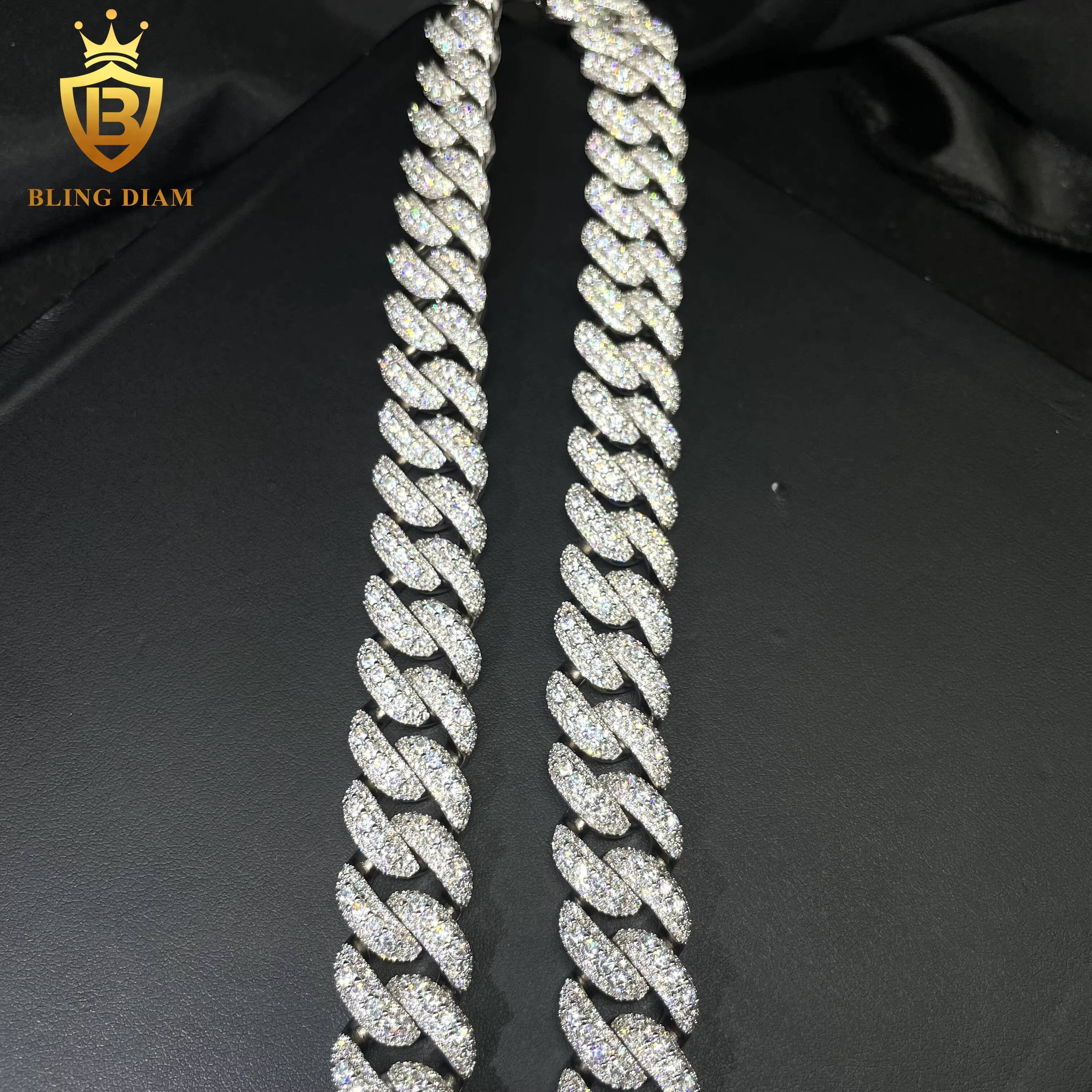 Fine Jewelry Hip Hop Style 18mm 925 Silver Plated Moissanite Iced Out Diamond Cuban Link Chain Necklace