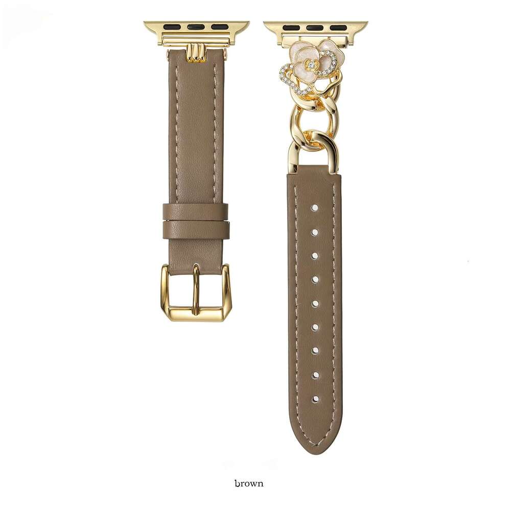 DHgargets Camellia Leather Band for Apple Watch - Genuine Cowhide Strap with Metal Flower Charm (6 Colors, All Sizes)