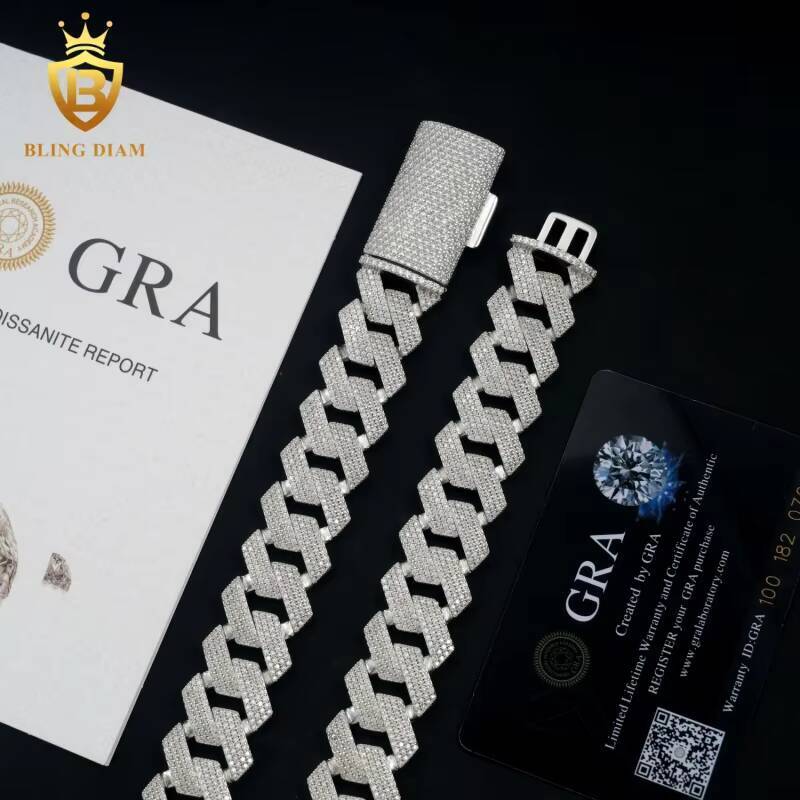 New Design 20MM Moissanite Cuban Chain Necklace High Quality Round Brilliant Cut Diamond 925 Silver