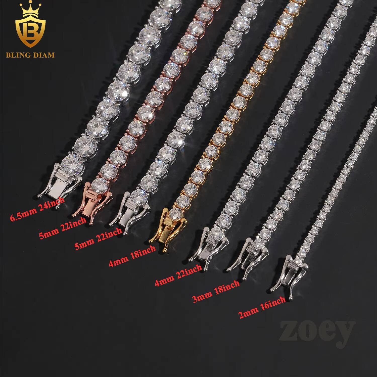2mm-6.5mm Gold Plated Hip Hop Jewelry 925 Sterling Silver Vvs1 Moissanite Diamond Tennis Chains Bracelet Necklace