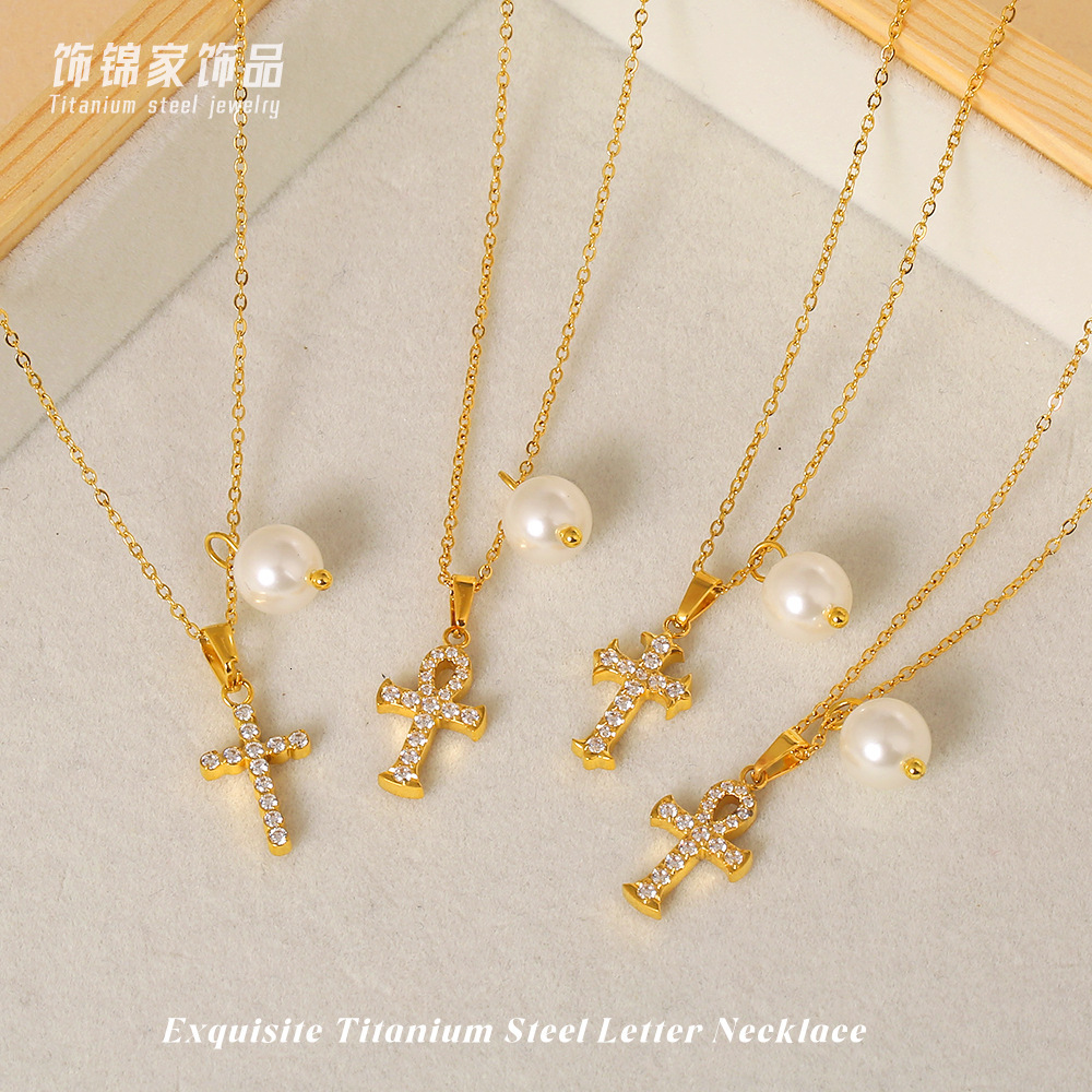 Titanium Steel Cross Zircon for Women Summer Non-Fading Light Niche Shell Pearl Necklace Jewelry Jewelry for Women