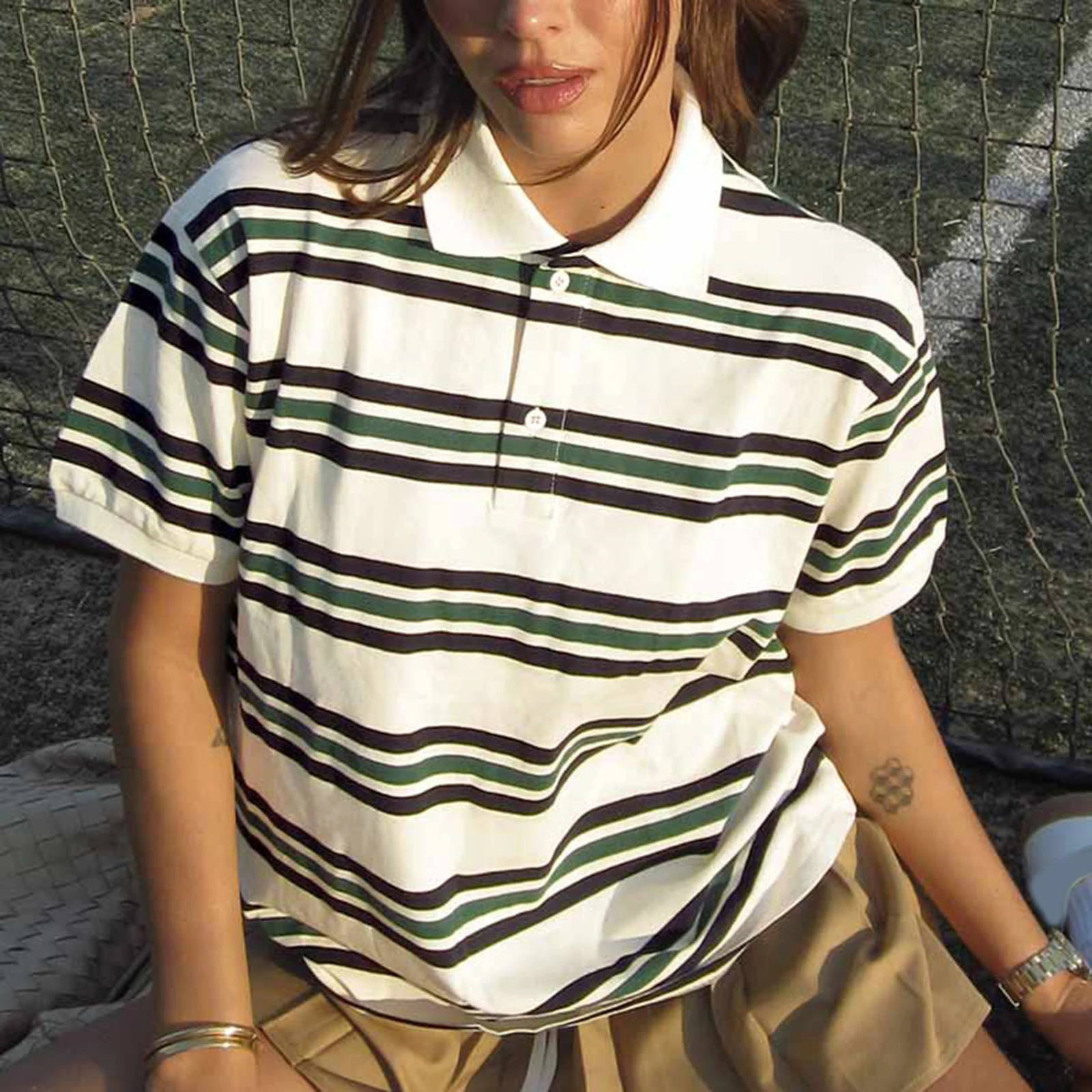 Fashion Womens Striped Shirts Short Sleeve Lapel Collared Teen Girls Preppy Henley 90s Vintage Tee Crop Tops Y2K T 250814