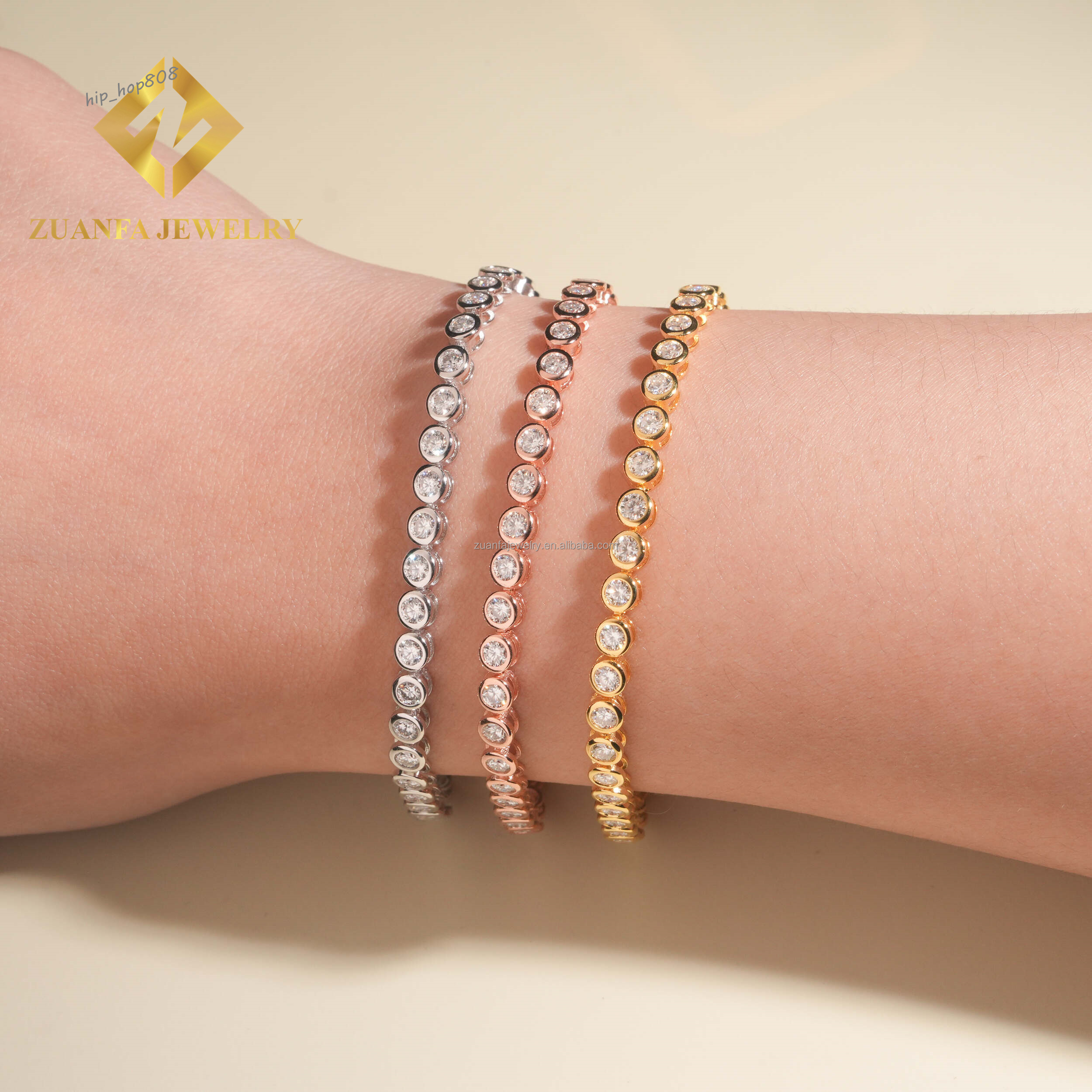 Popular Women 3mm 4mm Iced Out Hip Hop Jewelry S925 Silver Moissanite Diamond Bezel Setting Cluster Tennis Chain Bracelet