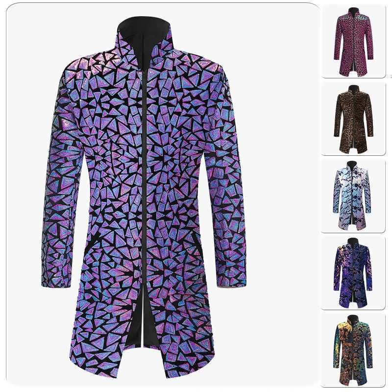 Men Double-sided Colorful Sequins Long Suit Jacket Blazer Male Gradient Sequins Coat Stage Singer Costume Shiny Trench Jacket W250815