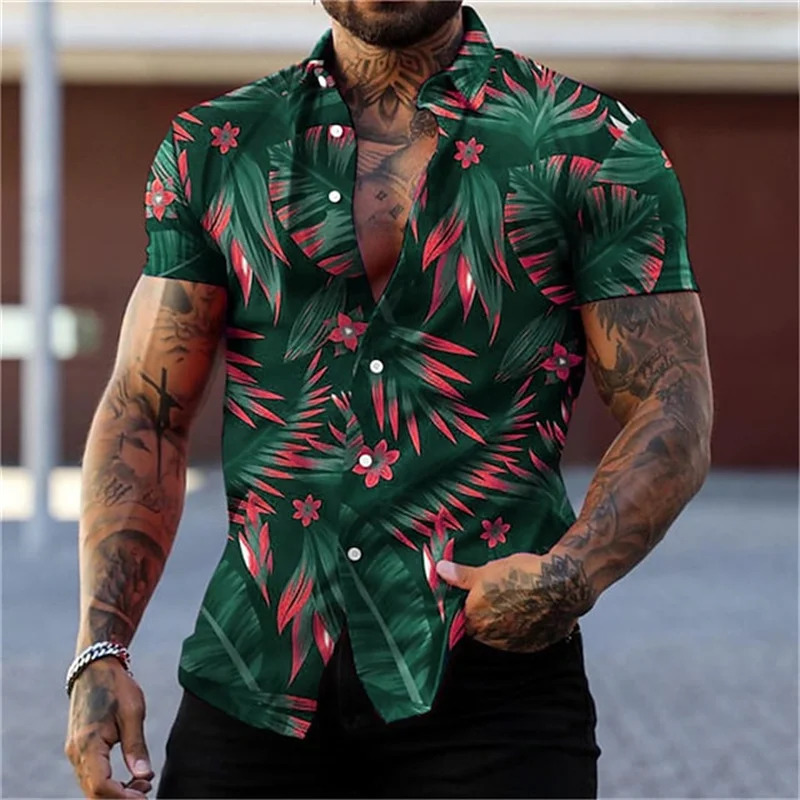Mens black and gold flower shirts Summer plant print lapel shirt Hawaiian style beach short sleeved button up 250804