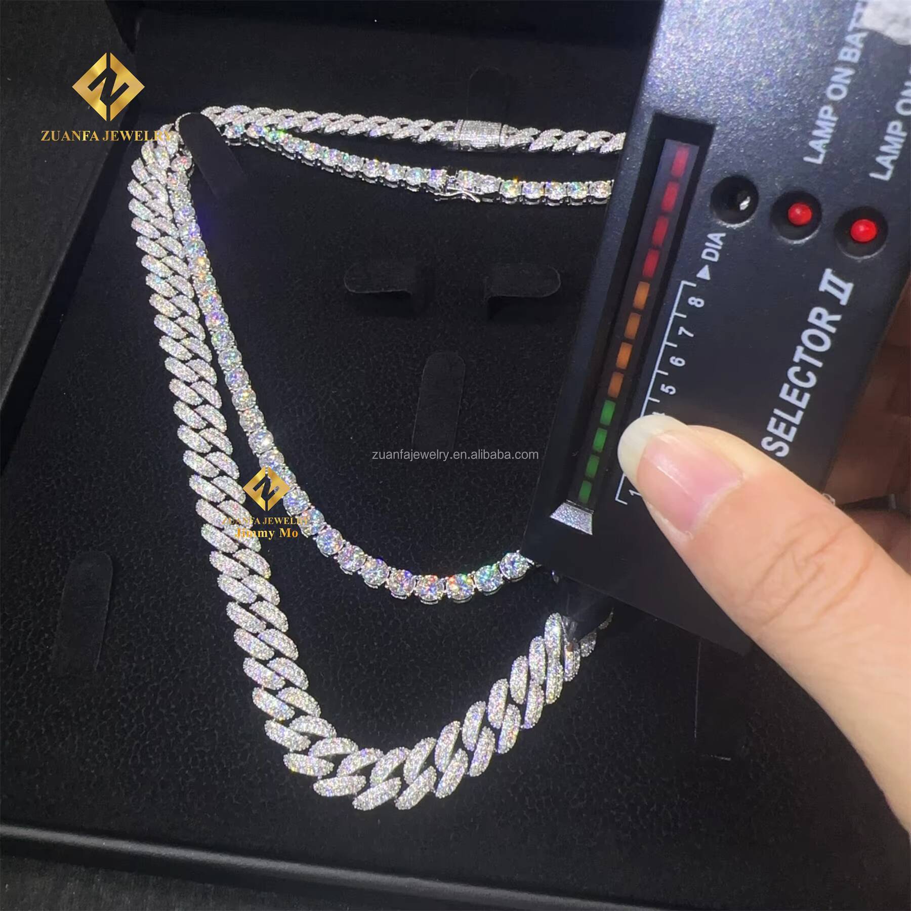 Hot Selling Fire Jewelry Lowest Price 10mm Iced Out Man Hip Hop Pass Diamond Tester Moon Shape Moissanite Miami Cuban Link Set