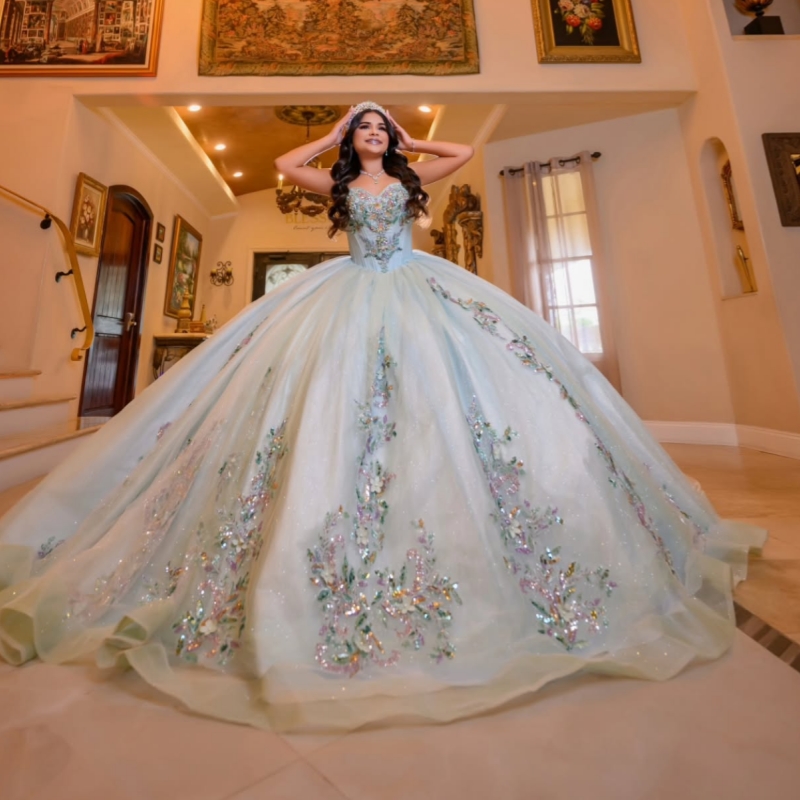 Water Blue Shiny Princess Sweet 16 Dress Dress Quinceanera Dresses Sequin Applique Beads Tull Party Birthday Vestido De 15 Anos Ball Gowns