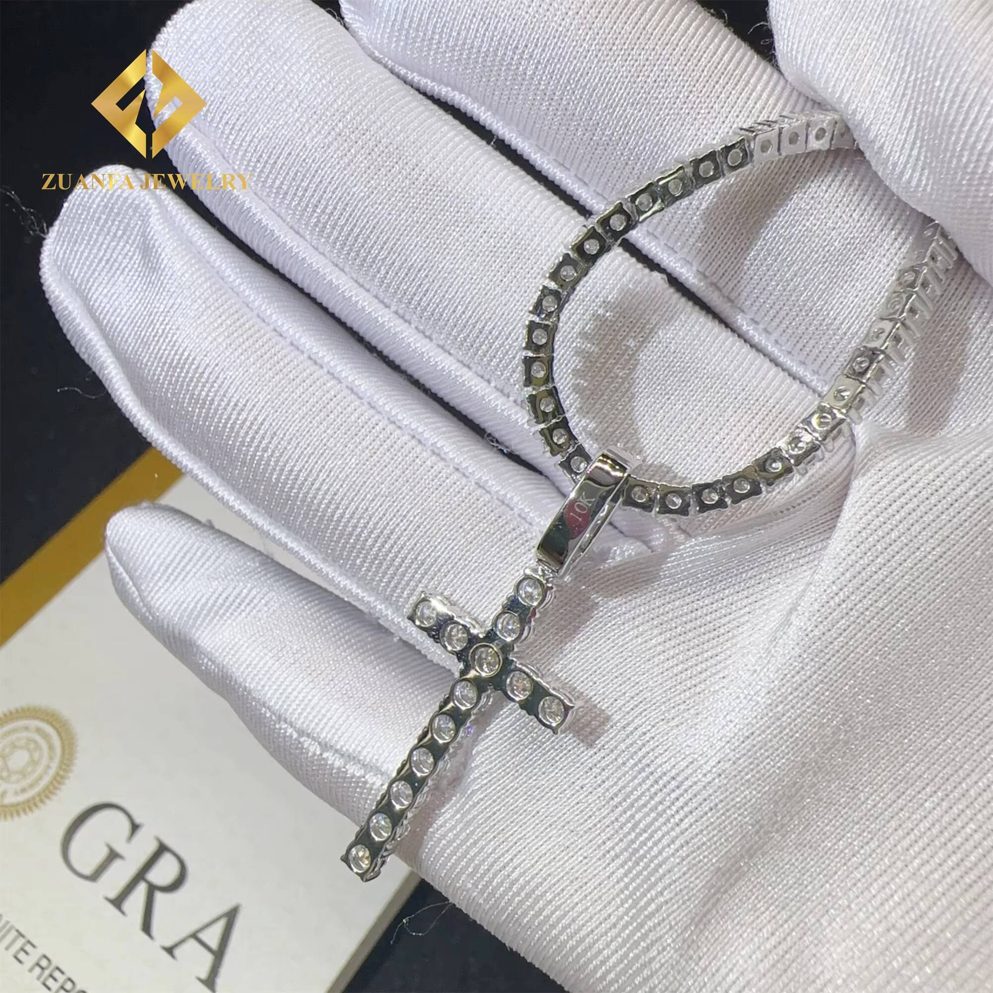 Popular Pass Tester Hip Hop Luxury Iced Out Fire Jewelry 10k Real Gold VVS1Moissanite Diamond Cross Pendant Necklace Set