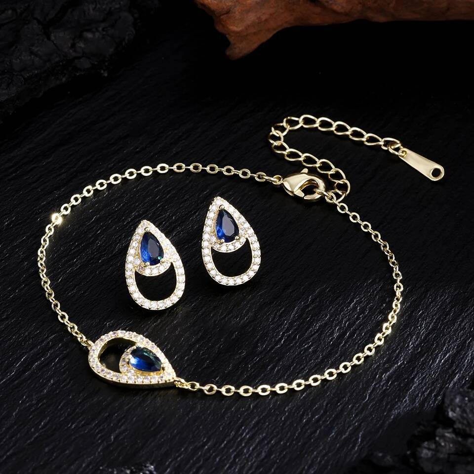 Blue Water Drop Zircon Earring Bracelet Set Micro Pave Cubic Zirconia Fashion Women Jewelry Sets Gift