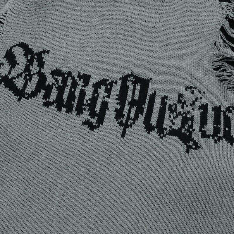 Men's 2025 New Style Ripped Round Neck Loose Long Sleeve Casual Pullover Letter Sweater