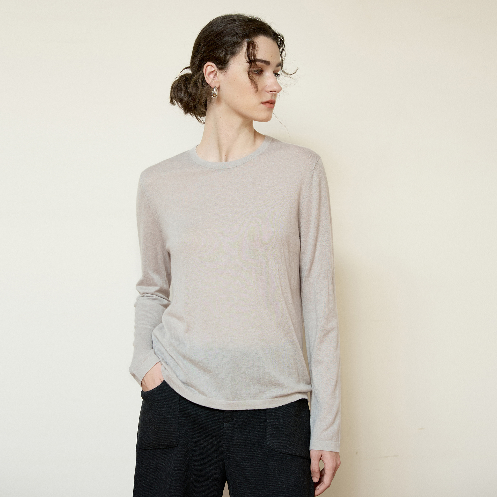 High-Quality Mulberry Silk Cashmere Knitted Sweater Warm Comfortable Slimming Long Sleeve T-Shirt Women Solid Color Round Neck Base Shirt