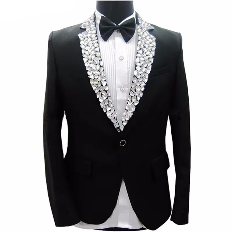 Formal Rhinestones Black Blazers Mens Singer Host Stage Performance Slim Coat Banquet Costume Party Groom Wedding Suit Jackets 250811