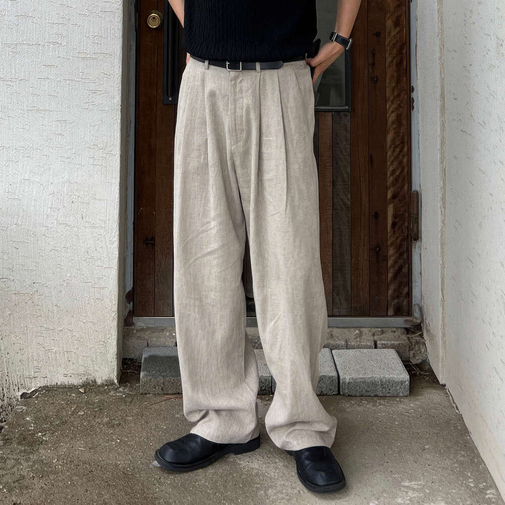 Army Green Linen Casual Long Pants For Men Summer New High-End Versatile Loose Straight Wide-Leg Trousers B5