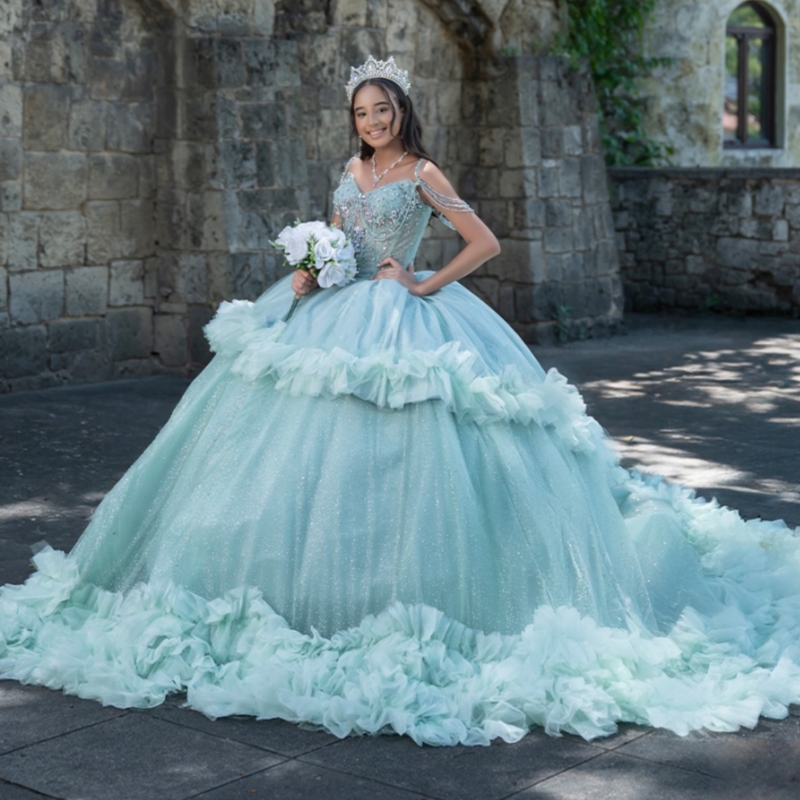 Mint Green Shiny Princess Sweet 16 Dress Dress Quinceanera Dresses Beads Tiered Tull Party Birthday Vestido De 15 Anos Ball Gowns