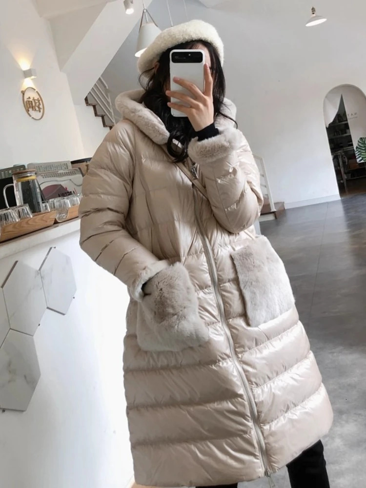 Winter Down Jacket Women Rabbit Fur 90% Collar Hooded White Duck Puffer Coat Female Warm Windproof Parkas Ladies 250811