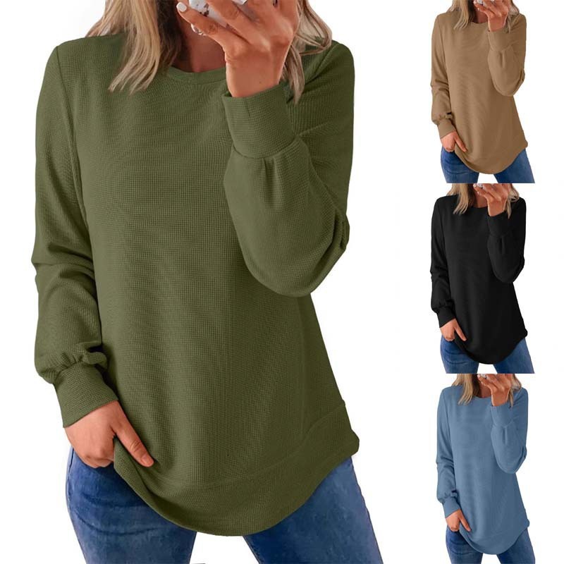 2025 Autumn Winter Waffle New Round Neck Curved Hem Loose Long Sleeve Top