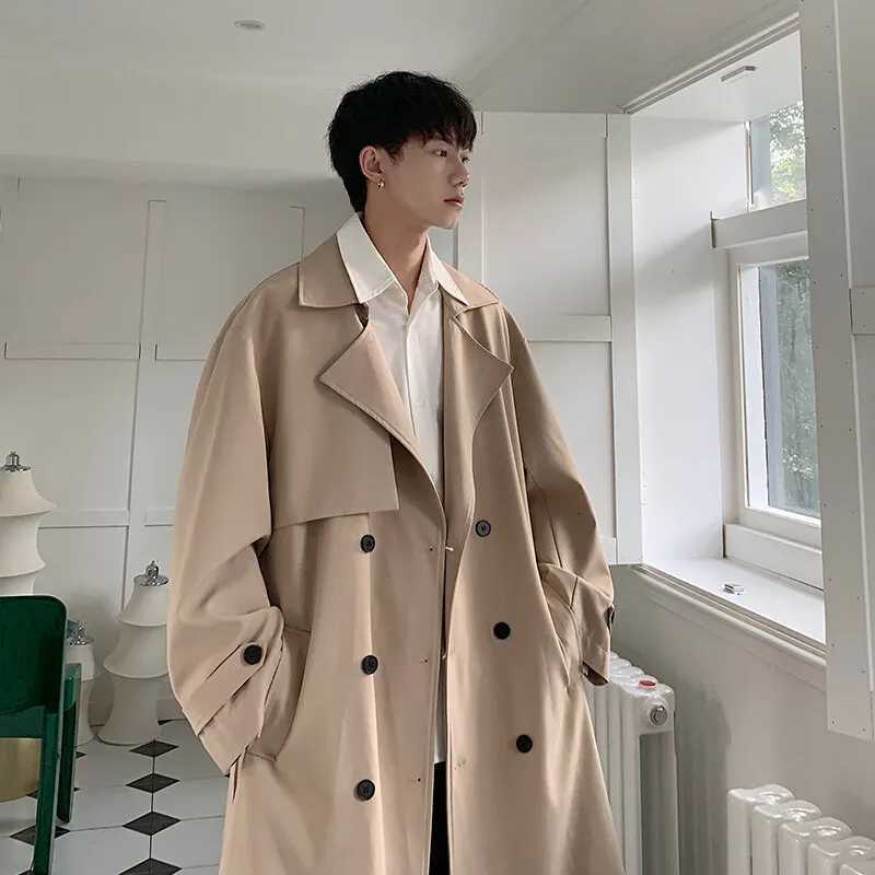 2025 Spring Korean Style Men Trench Coat Male Streetwear Windbreaker Trenchcoat Men Solid Business Casual Loose Long Overcoat W250815